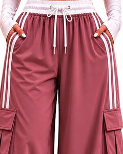 Pantalon cargo en molleton imperméable écoresponsable rose poudré taille mi-haute coupe droite pour femme avec cordon de serrage, style sportif décontracté et coupe ample - Product Image 3