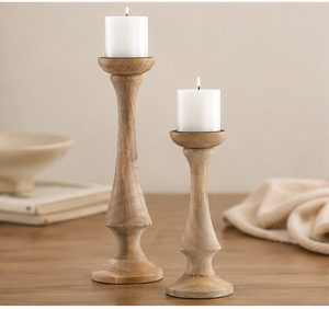 Handmade Rustic Wooden Pillar Candle Holders Set For Dining Table Centerpiece Natural Mango Wood Vintage Tall Candlestick Stands - Product Image 3