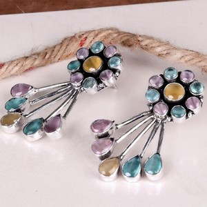 Boucles d'oreilles pendantes tendance en laiton oxydé avec pierre œil-de-chat colorée, motif floral rond, bijoux pour femme, cadeau, vente en gros - Product Image 5