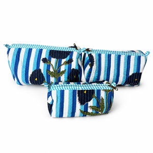 Ensemble de trousses de maquillage à rayures bleues faites à la main, 3 pièces, trousses de toilette en coton matelassé pour femmes, organiseur de beauté de voyage, ensemble cadeau - Product Image 5