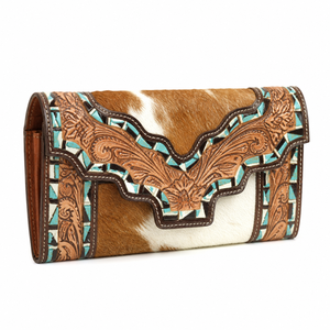 Portefeuille à rabat en cuir de vachette travaillé à la main, style western, avec pochette intégrée |   Porte-cartes artisanal style bohème, export OEM Inde 2026 - Product Image 1