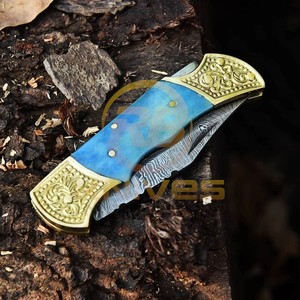 Custom Damascus Hunting <b>Knife</b> Blue <b>Bone</b> <b>Handle</b> Fixed Blade Skinning <b>Knife</b> for Camping, Bushcraft & Outdoor Adventures - Product Image 5