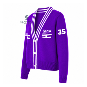 เสื้อคาร์ดิแกนถักไหมพรมสำหรับผู้หญิง NCNW Sorority คอวี ติดกระดุมด้านหน้า แขนยาว ลายทาง แต่งขอบยางยืด ปักลายสไตล์ Preppy - Product Image 3