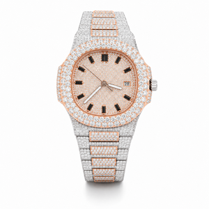 Reloj de Lujo de Dos Tonos con Incrustaciones de Moissanita, Esfera de Acero Inoxidable con Pavé, Visualización de Fecha, Reloj de Cuarzo para Hombre - Product Image 1