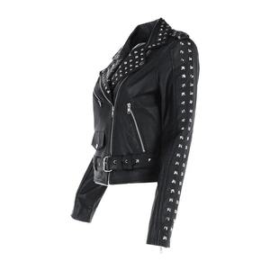 Veste en cuir PU noir pour homme avec décoration rivets, fermeture éclair, coupe ajustée, col rabattable, style automne - Product Image 4