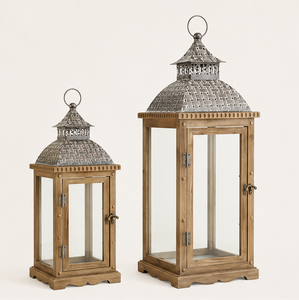 <b>Set</b> of 2 Rustic Wooden Decorative <b>Lanterns</b> with Distressed Brown Finish and Metal Hut Top Vintage Farmhouse Floor Candle Holder - Product Image 5