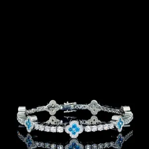 Luxury Women's 925 Silver Rhodium Plated Diamond <b>Bracelet</b> Round Brilliant Cut Flower Shape Chain Link Wedding Jewelry - Product Image 1