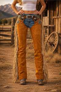 Fazmax Corporation - Chaps Vaqueros de Cuero Genuino para Mujer, Corte Medio, Ajuste Relajado, Detalles de Flecos y Conchos, Cierre de Cremallera, Transpirables - Product Image 2