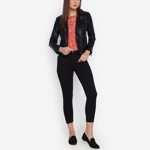 Veste en cuir PU pour femme, couleur unie, manches longues, fermeture éclair, col rabattu, longueur normale, style automne - Product Image 3