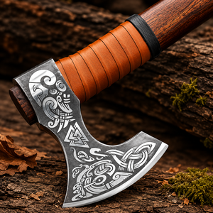 Hache à barbe viking nordique forgée à la main, gravée, type tomahawk, avec manche en bois et poignée en cuir, robuste, en acier forgé de 400 mm - Product Image 4