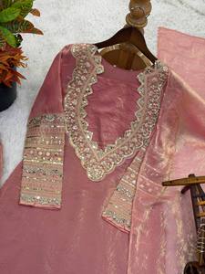 Women Embroidered Straight Kurta Set With Dupatta Pink Silk Traditional Salwar Kameez Ankle Length Regular Fit Casual Wear - Product Image 5