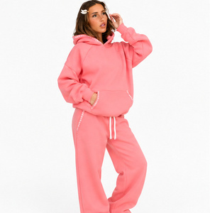<b>Women's</b> Premium <b>Pink</b> <b>Hoodie</b> and Sweatpants Set Oversized Casual Tracksuit Custom Streetwear Two Piece Lounge Set OEM Manufacture - Product Image 2