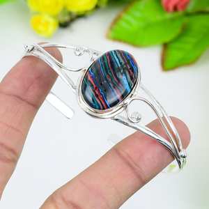 Brazalete de Plata de Ley 925 con Gema de Calsilica Arcoíris, Brazalete de Plata Hecho a Mano, Regalo de Compromiso, Joyería - Product Image 6