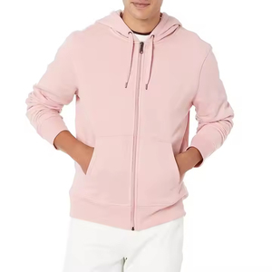 Sudadera con capucha de poliéster polar rosa claro con cremallera completa y cordón ajustable para hombre, color liso, informal, venta al por mayor - Product Image 6