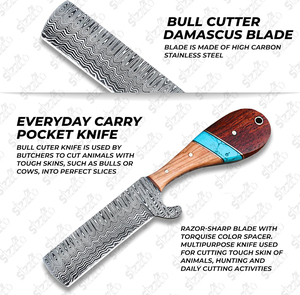 Cuchillo de caza y camping de hoja fija de acero de Damasco hecho a mano, estilo vaquero personalizado, con funda de cuero. - Product Image 2