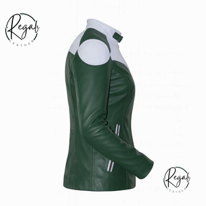 Handmade Green Leather Moto <b>Jacket</b> with White Panel <b>Biker</b> <b>Jacket</b> (OEM Service) - Product Image 3