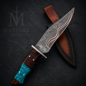 Cuchillo Táctico Portátil de Caza con Hoja Fija de Acero de Damasco y Cobre, con Funda y Mango de Resina de Palisandro, para Camping y Actividades al Aire Libre - Product Image 3