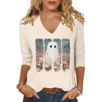 T-shirt graphique personnalisé à col en V et manches longues – Illustration botanique esthétique fantôme – Vêtement décontracté pour femme
