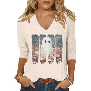 T-shirt graphique personnalisé à col en V et manches longues – Illustration botanique esthétique fantôme – Vêtement décontracté pour femme - Product Image 1
