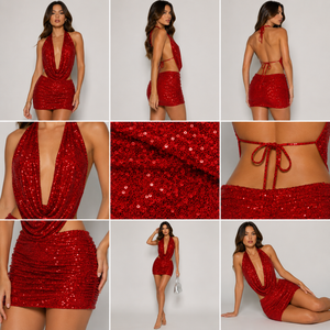 Luxury <b>Red</b> <b>Sequin</b> Halter Mini Dress Women Backless A-Line Elegant Breathable Eco-Friendly Party Night Club Outfit - Product Image 4