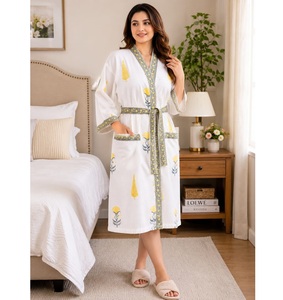 Soft Cotton Waffle Terry Kimono Bathrobe Long Sleeve Printed <b>Robe</b> for Luxury Hotel <b>Spa</b> Home Lounge and Relaxing Bath Wear - Product Image 2