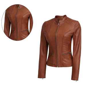 Brown Genuine <b>Leather</b> <b>Jacket</b> With Turn-down Collar Full Sleeve Autumn Style Women's Casual Outerwear Premium Quality Durable - Product Image 3