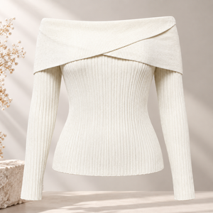 Women Solid Casual Shoulder Foldover Ribbed Knit Sweater Slim Fit <b>Long</b> <b>Sleeve</b> Pullover Autumn Winter Fashion <b>Top</b> <b>Stretch</b> - Product Image 3