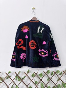 Ethnic Navy Blue <b>Velvet</b> Embroidered Suzani <b>Jacket</b> With Snake Pattern Full Sleeve Stand Collar Handmade Bohemian Winter Outerwear - Product Image 3