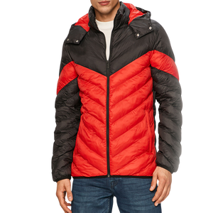 Men's <b>Red</b> Black Color Block Hooded Puffer <b>Jacket</b> Windproof Polyester Winter Coat Casual Outerwear Regular Fit Zipper Closure - Product Image 1