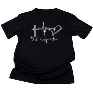 Camiseta de manga corta negra para hombre, cuello redondo, tejida, con pedrería, diseño de cruz, corazón, fe, esperanza, amor, estilo casual, corte regular, de spandex/algodón, de secado rápido. - Product Image 3
