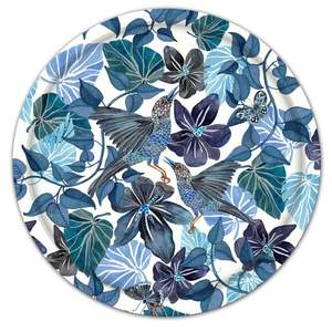 Plateau de service de luxe en émail, motif floral bleu et oiseaux, plateau rond décoratif en métal, grand plateau de table basse pour la décoration intérieure et les cadeaux - Product Image 1