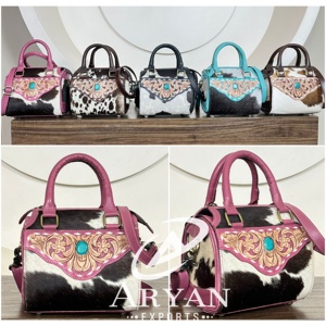Wholesale Manufacture Tooled Cowhide Leather Mini Duffle Bag for Women Crossbody Small Speedy <b>Handbag</b> Purse Travel Overnight Bag - Product Image 1