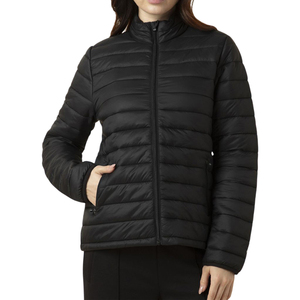 Veste matelassée pour femme, manches longues, col montant, fermeture éclair, vêtement d'extérieur d'hiver, couleur unie noire, rembourrage en polyester - Product Image 5