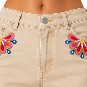 Womens Beige <b>Floral</b> Printed Denim Shorts High Waist Casual Summer <b>Jean</b> Shorts Custom Embroidered Fashion OEM Manufacturer - Product Image 5