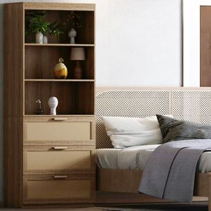 Mobile contenitore alto 71 pollici in stile francese con 3 cassetti e libreria in rattan a 3 ripiani, organizer in legno - Product Image 3