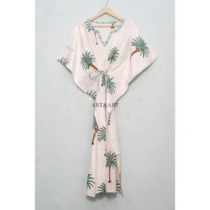 Robe Kaftan pour femmes, 100% coton, faite à la main, écologique, maxi, décontractée, élégante, coupe classique, imprimé arbre, lavable - Product Image 4