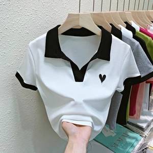 Women's Polo Neck <b>Crop</b> <b>Top</b> Short Sleeve Embroidered Heart Preppy Style Slim Fit Spring Summer Knitted T-Shirt - Product Image 4
