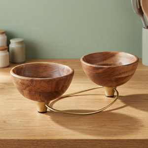 Juego de ensaladeras de madera de acacia de alta calidad con soporte metálico para servir ensaladas y frutas con acabado en madera de mango natural. - Product Image 1