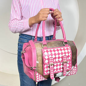กระเป๋าถือหนังวัวแท้ลายตารางหมากรุก  งานผลิตระดับมืออาชีพ  พร้อมสายสะพายไหล่และสายสะพายข้างสำหรับผู้หญิง - Product Image 4