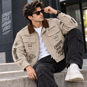 Custom Vintage Streetwear <b>Jacket</b> With <b>Corduroy</b> Collar Graphic Print Multi Pocket Casual Fashion Outerwear For Unisex Wear - Product Image 5