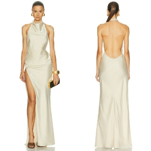 Elegant Satin Halter Neck Backless Evening Gown with High Slit - Product Image 3