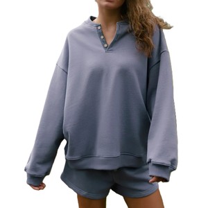 Women's Light Gray Knitted <b>Long</b> <b>Sleeve</b> <b>Henley</b> Sweatshirt Regular Fit Casual Autumn Wear 100% Cotton Breathable Solid Color - Product Image 6