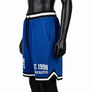 Shorts de baloncesto para mujer, 160 GSM, transpirables, de malla de poliéster, azul real con paneles a rayas, logotipo personalizado impreso. - Product Image 3