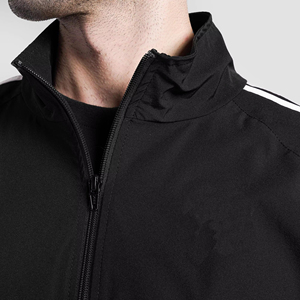 Men's Black <b>Track</b> <b>Jacket</b> with White Stripes Zipper Closure Regular Fit Elastic Waist Breathable Polyester Sportwear - Product Image 5