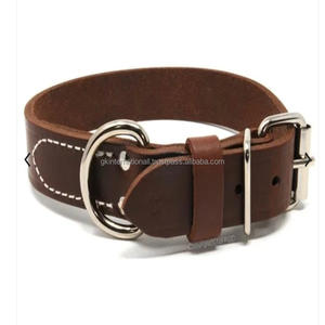 Solid Adjustable Double Ply Styring Durable Genuine Leather Dog Collar with Stainless Steel Nickel Buckle D <b>Ring</b> and Rivets - Product Image 4