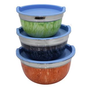 Heat Insulated Bottom Rice Soup Mixing Bowls German Mixing Bowl With Marble Color & Inside Lid 3pcs Set - Product Image 1