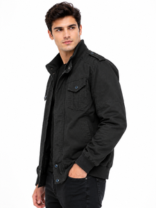 <b>Men</b>’s Black <b>Utility</b> <b>Jacket</b> Casual Cotton <b>Jacket</b> Full Zip Front Outerwear Stand Collar <b>Jacket</b> with Multiple Pockets Shoulder - Product Image 2
