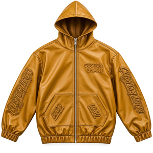 Custom <b>Men's</b> Hooded <b>Faux</b> <b>Leather</b> <b>Jacket</b> with Raised Logo Details Full Zip Urban Fashion Streetwear Apparel - Product Image 1