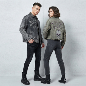 Veste en jean délavée style streetwear personnalisée, imprimé graphique vintage, effet usé, fermeture éclair, décontractée, unisexe - Product Image 5
