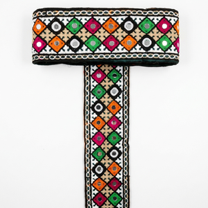 Ethnic Indian Embroidered Mirror Work Lace Trim with Colorful Geometric Patterns for <b>Sarees</b> Garments <b>Bags</b> Crafts Home Decor - Product Image 1